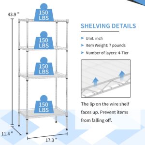 YYkokocat 4-Tier Shelving Unit 44" H x 18L x 12D Storage Shelves with Wire Shelf Liners Adjustable Small Closet Shelves Metal Shelf Rack for Storage Kitchen Pantry Laundry, 600Lb Capacity, Chrome