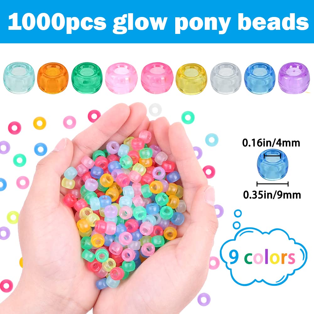 DULEFUN 1000pcs Glow in The Dark Pony Beads Mix 9 Colors Glow Pony Beads Luminous Beads Bulk Acrylic Hair Beads Plastic Pony Beads for Hair Braiding Bracelets Necklaces Making