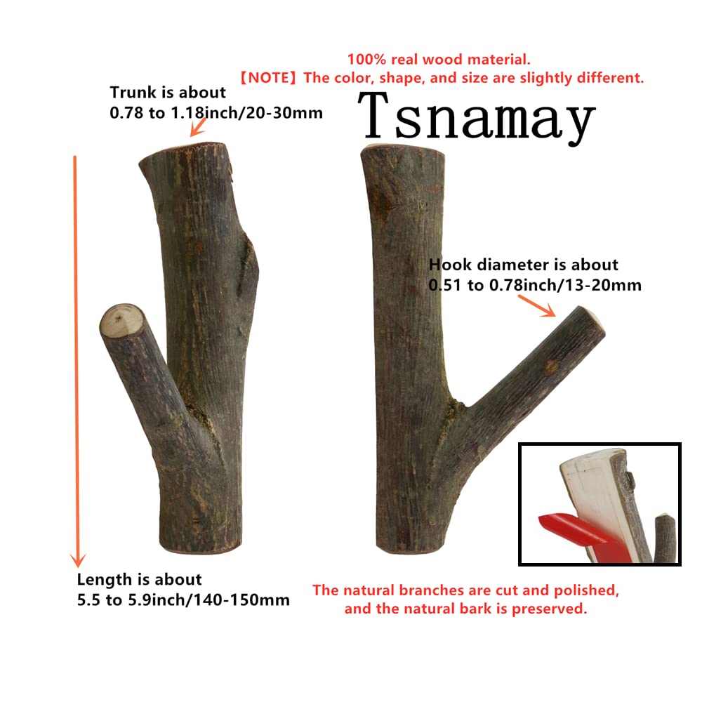 Tsnamay 4Pcs Real Wood Tree Branch Wall Hook,Farmhouse Rustic Decorative Wooden with Bark Trunk Thickness 2cm-3cm,Self Adhesive