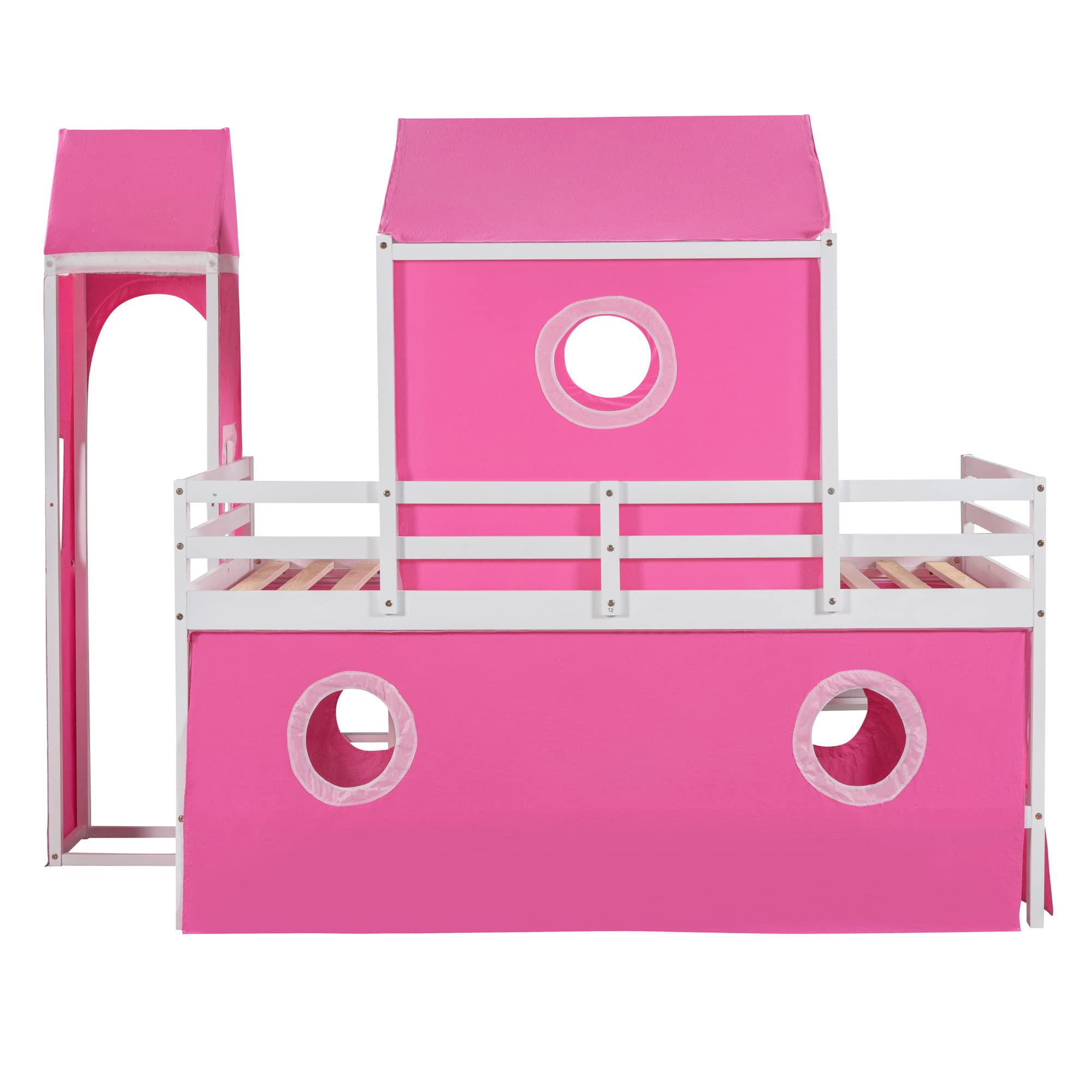 Bellemave Low Full Loft Bed with Slide and Curtains, Full Over Full Floor Bunk Bed with House Shape Tent and Tower, Wood Castle Style Loft Beds for Kids Boys Girls, Pink