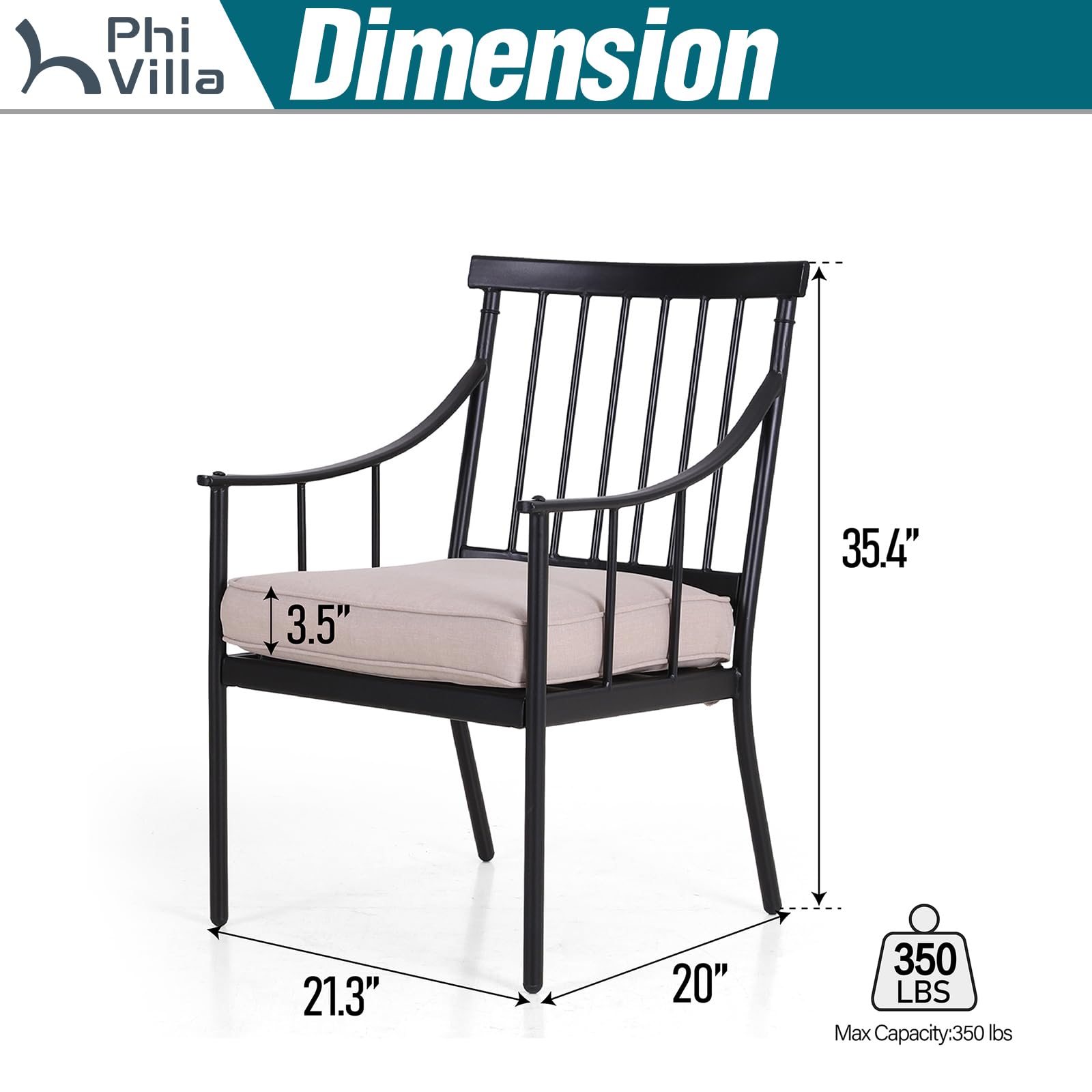 PHI VILLA Outdoor Metal Steel Dining Chairs with Cushion, Black Heavy-Duty Weatherproof Armchairs for Patio, Deck, Yard - Set of 6