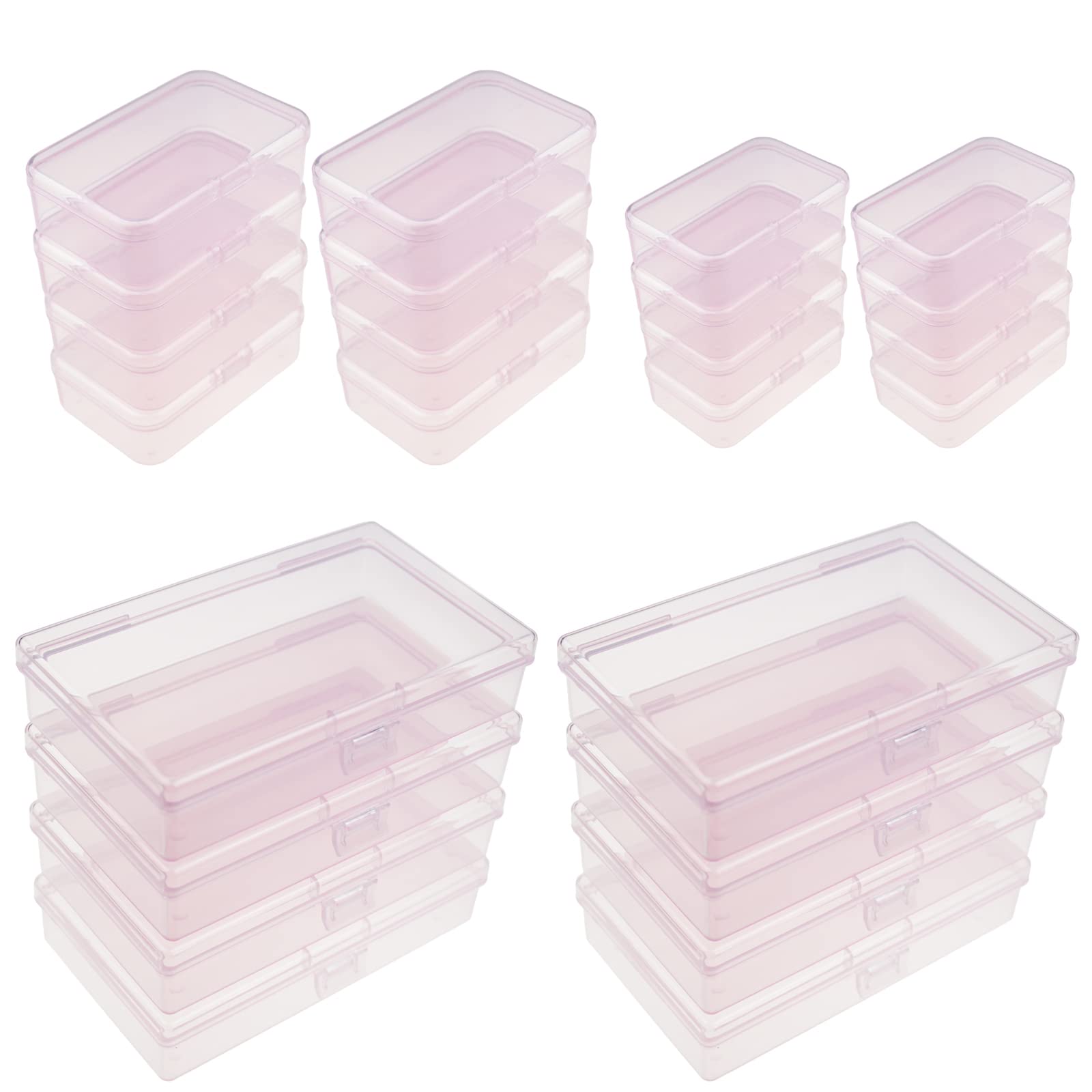 Thintinick 24 Pack Rectangular Plastic Storage Containers Box with Hinged Lid for Beads and Other Small Craft Items, Mixed Sizes (Pink)