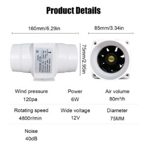 IINCOOY 3'' Kitchen Inline Duct Fan 12V Exhaust Mixed Flow Bath Extractor Ventilation Air Ventilator Bathroom Blower Hydroponic Duct Fan Variable