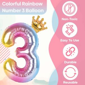 Captain Decor 3 Number Balloon 40 Inch Rainbow Gradient with Detachable Crown – Easy Inflate and deflate reusable, Premium Foil Mylar Balloons for Birthdays, Anniversaries, and Party Decorations