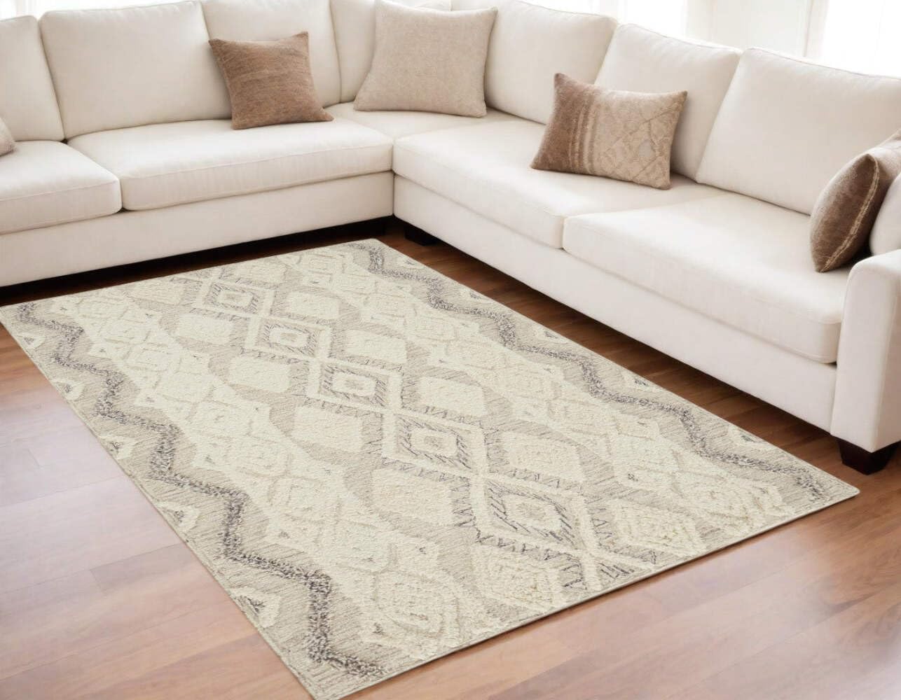 8' X 10' Ivory Taupe And Gray Wool Geometric Tufted Handmade Stain Resistant Area Rug