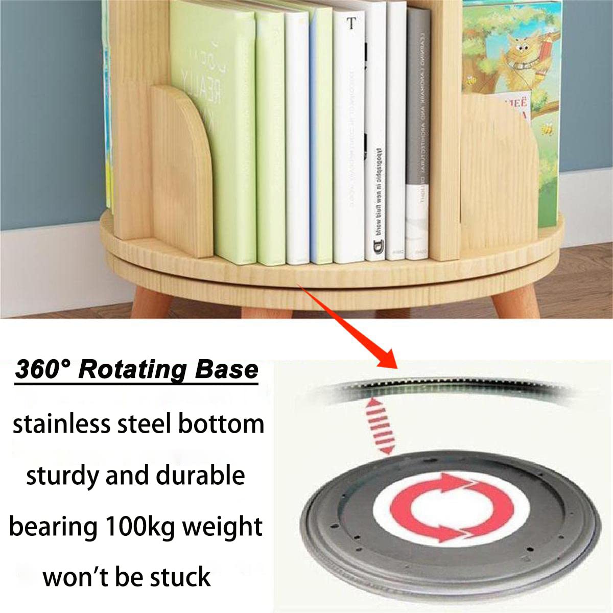 Gdrasuya10 4 Tier Rotating Bookshelf with Legs, Floor Standing Bookshelf Stackable Bookshelf Wood Bookcase Round Bookshelf 360 Display Book Shelf for Living Room Bedroom