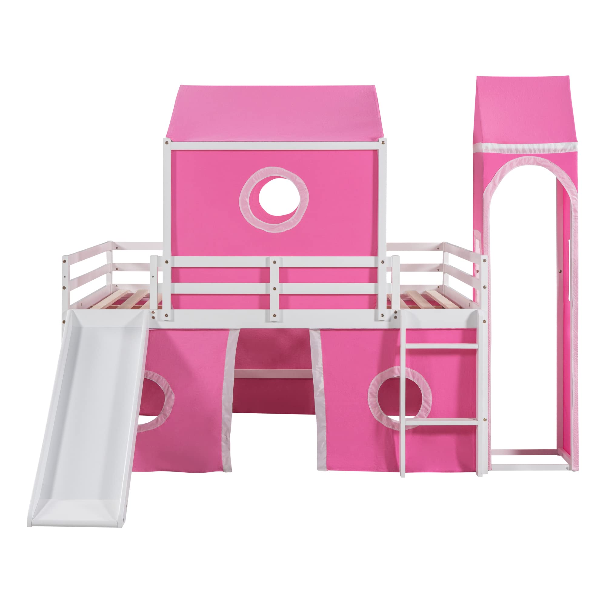 Harper & Bright Designs Full Size Low Loft Bed with Slide & Curtains and Tower, Solid Wood Loft Bed Frame with Tent, Full Over Full Floor Bunk Bed for Kids Girls Boys (Pink)