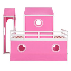 Harper & Bright Designs Full Size Low Loft Bed with Slide & Curtains and Tower, Solid Wood Loft Bed Frame with Tent, Full Over Full Floor Bunk Bed for Kids Girls Boys (Pink)