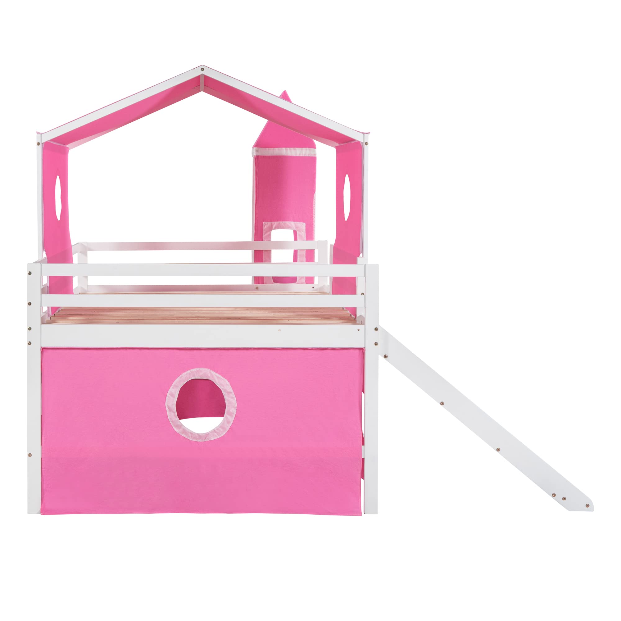 Harper & Bright Designs Full Size Low Loft Bed with Slide & Curtains and Tower, Solid Wood Loft Bed Frame with Tent, Full Over Full Floor Bunk Bed for Kids Girls Boys (Pink)