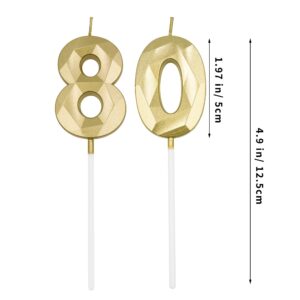 80th Birthday Candles for Cake, Gold Number 80 3D Diamond Shaped Candle Birthday Decorations Party Supplies for Women or Men