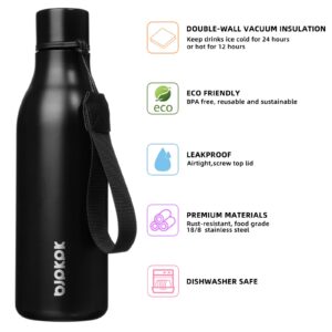 BJPKPK Insulated Water Bottles, 18 oz Stainless Steel Metal Water Bottle with Strap, BPA Free Leak Proof Thermos, Mugs, Flasks, Reusable Water Bottle for Sports & Travel, Black