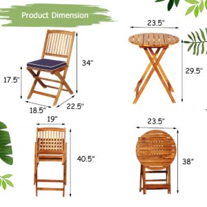 FANTASK 3 Pieces Folding Acacia Wood Bistro Set, Patio Furniture Set with Cushions & 1 Round Table, Indoor Outdoor Bistro Table and Chairs Set of 2 for Patio, Garden, Poolside, Porch, Lawn (Navy)