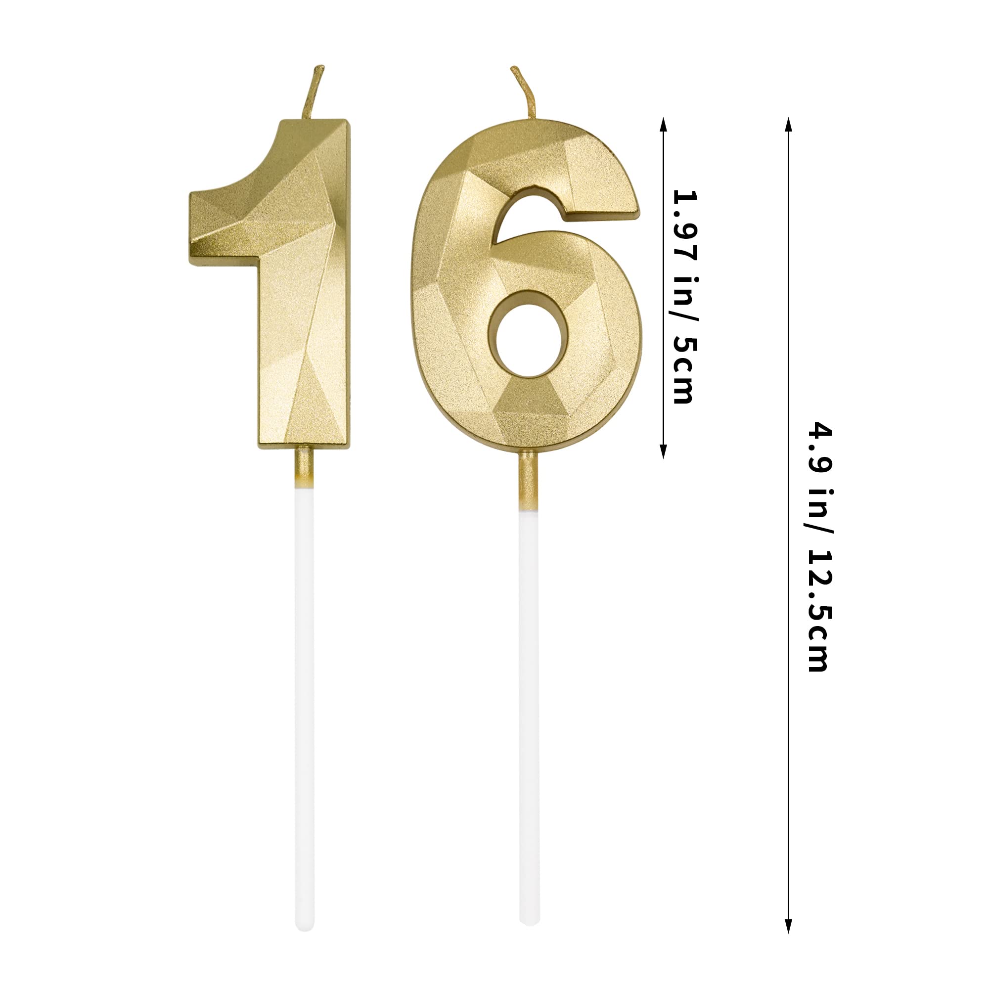 16th & 61st Birthday Candles for Cake, Gold Number 16 61 3D Diamond Shaped Candle Birthday Decorations Party Supplies for Girls, Boys, Women or Men