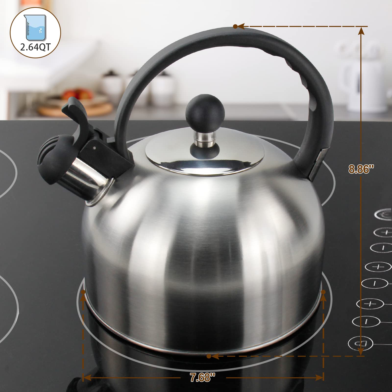 2.64QT Whistling Tea Kettle for Stove Top, Compatible with All Burners Including Induction, 18/10 Stainless Steel Stovetop Kettle Tea Kettle 2.5L