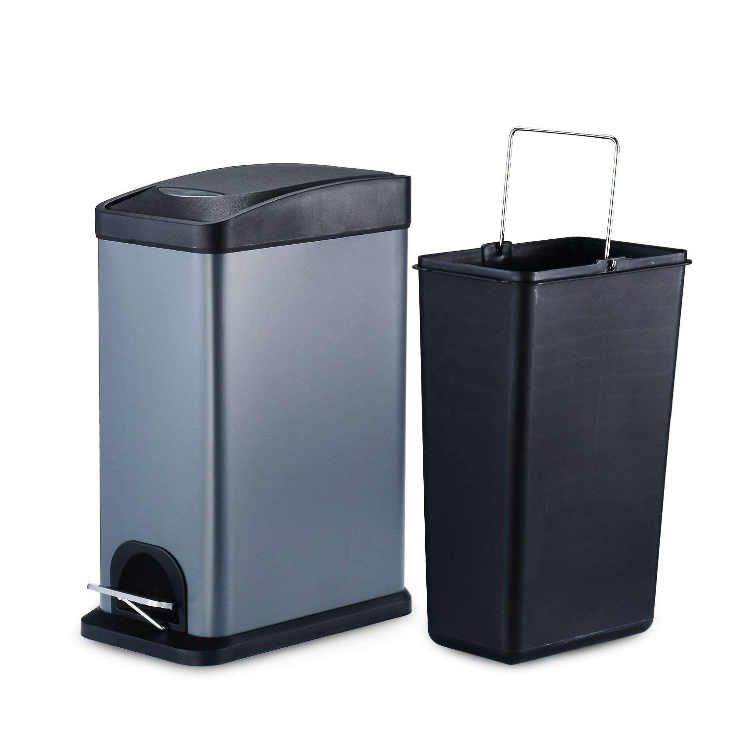 Veelesa 8 Liter Gray Carbon Steel Garbage Can with Lid and Plastic Inner Bucket Trash Can for Bathroom