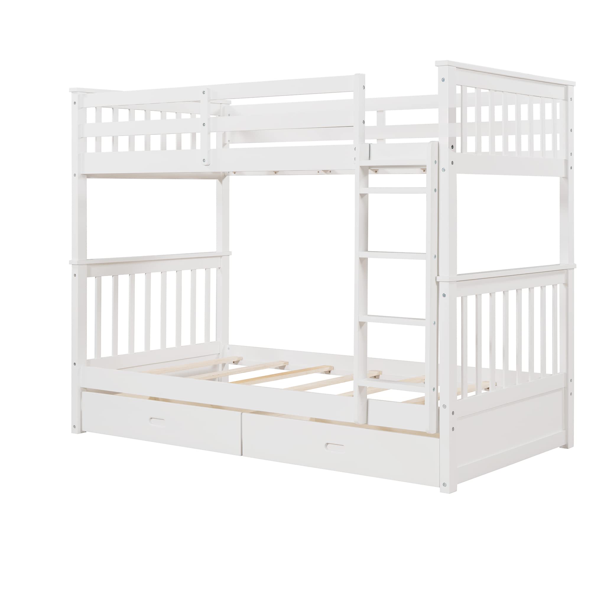 Harper & Bright Designs Twin Over Twin Bunk Bed with Storage Drawers, Solid Pine Wood Frame and Ladder with Guard Rails for Kids, Teens, Boys and Girls, No Box Spring Needed, Bunk Bed White