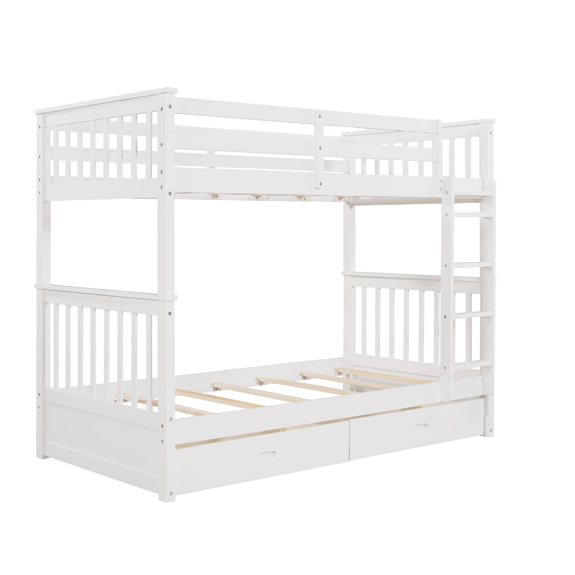 Harper & Bright Designs Twin Over Twin Bunk Bed with Storage Drawers, Solid Pine Wood Frame and Ladder with Guard Rails for Kids, Teens, Boys and Girls, No Box Spring Needed, Bunk Bed White