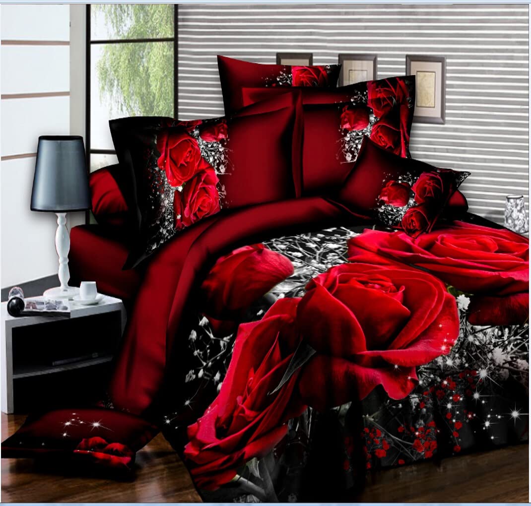 FPVPRO King Size Comforter Set Star Red Rose Modern Love Night Sky Boho Bedding Black Comforter Sets King Comforter Set King Duvet Cover King Flower Pillow Quilt Sets Wedding Gifts (230 * 260cm)