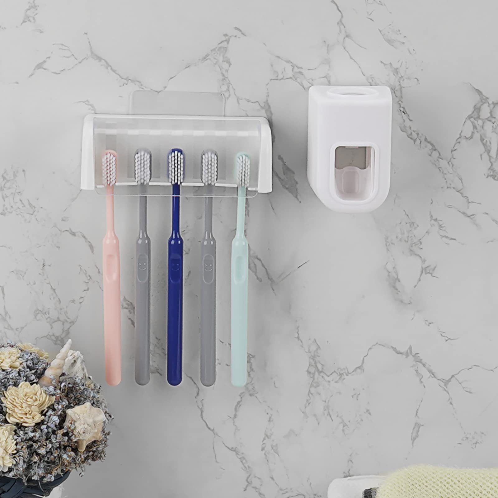 5 Slots Wall Mount Toothbrush Holder with Cover, Self Adhesive Toothbrush Storage Organizer for Shower, Toothbrush Hanger with Automatic Toothpaste Squeezer Dispenser