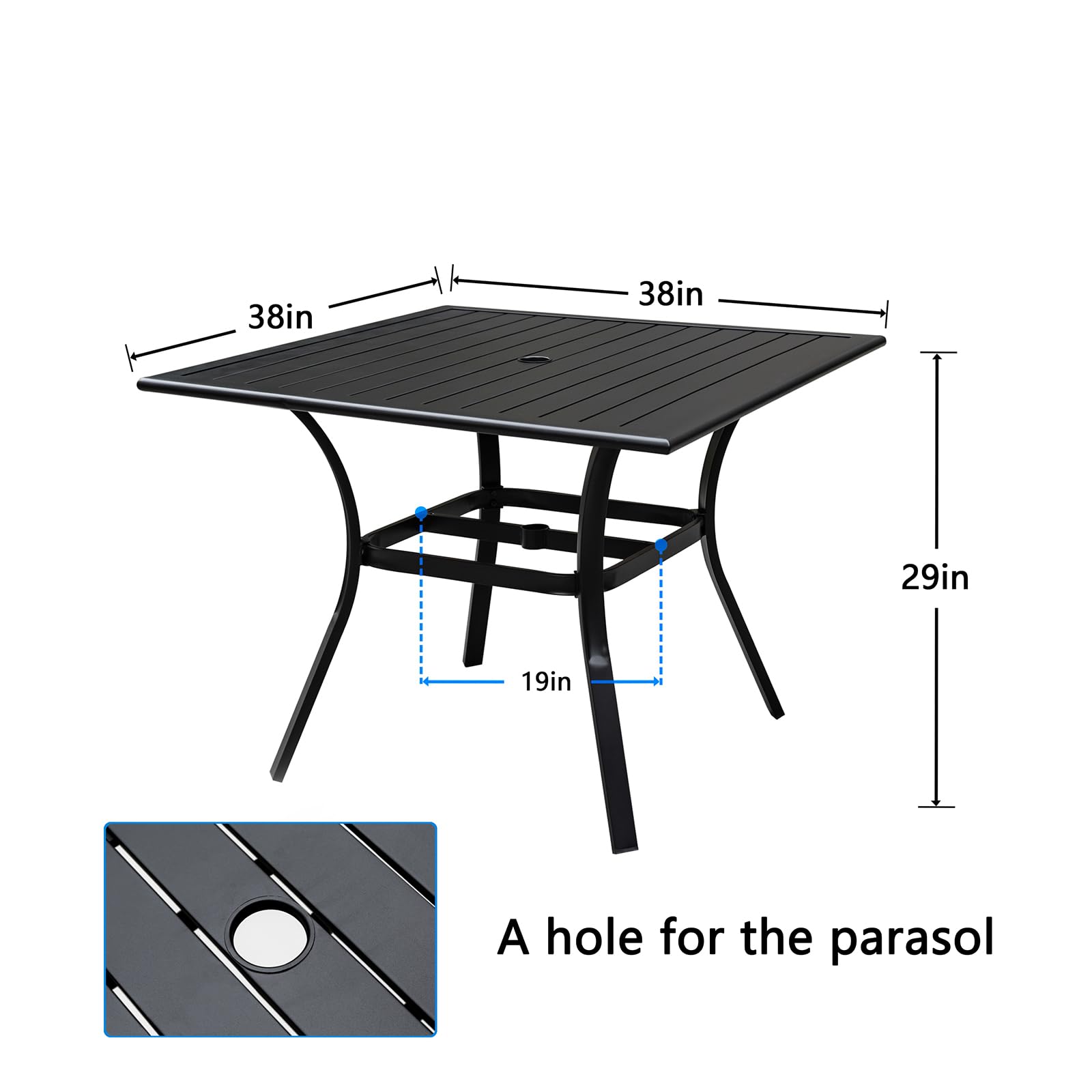 LEVELEVE 1 Piece Patio Dining Table,Outdoor Furniture 38"x 38" Metal Slatted Table with 1.5" Umbrella Hole,Outside Porch Deck Balcony Backyard Table(Square)