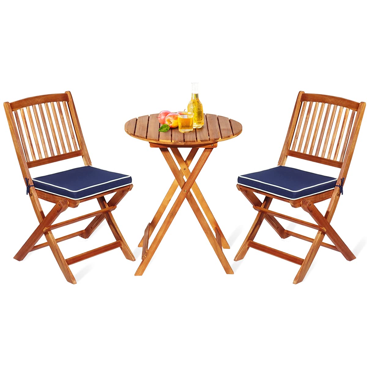 FANTASK 3 Pieces Folding Acacia Wood Bistro Set, Patio Furniture Set with Cushions & 1 Round Table, Indoor Outdoor Bistro Table and Chairs Set of 2 for Patio, Garden, Poolside, Porch, Lawn (Navy)