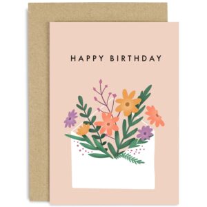 old english co. flower envelope happy birthday greeting card for her - cute floral colourful birthday card for women - card for sister, mum, grandmother, cousin, auntie | blank inside with envelope