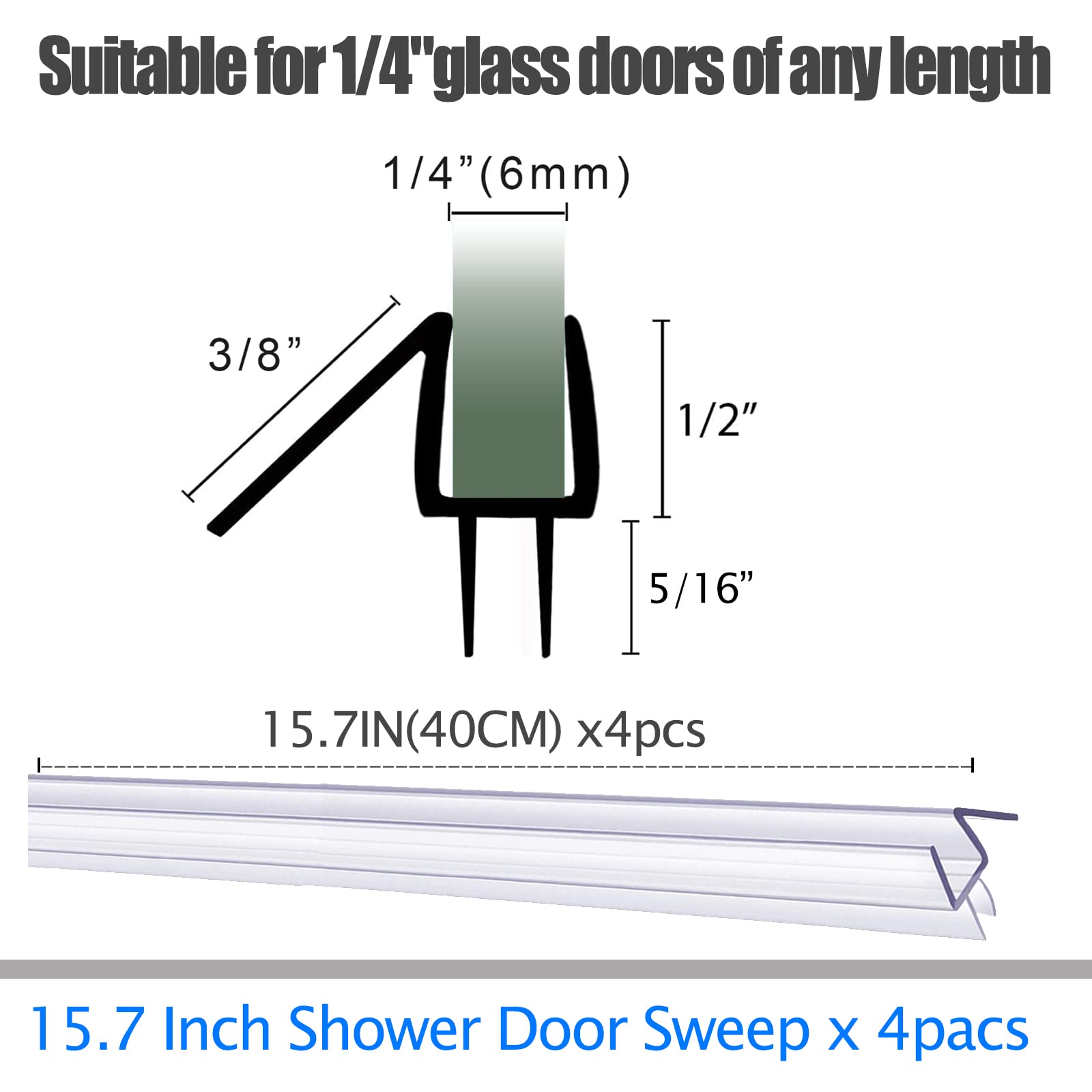 Larora Shower Door Bottom Seal, 4-Pack Frameless Glass Shower Door Seal Strip, 4 Section Segmented Installation (1/4'' Bottom)