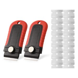 foshio red razor blade scraper 2 pack with 20pcs stainless steel single edge razor blades, scraper tool with safety cap for adhesive, label, sticker, gaskets, paints on glass, stovetop