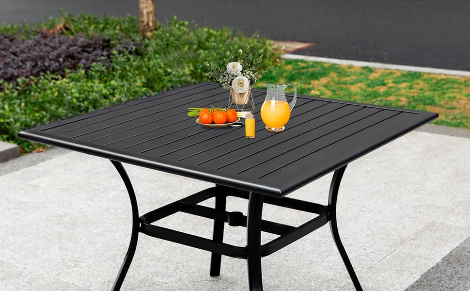 LEVELEVE 1 Piece Patio Dining Table,Outdoor Furniture 38"x 38" Metal Slatted Table with 1.5" Umbrella Hole,Outside Porch Deck Balcony Backyard Table(Square)