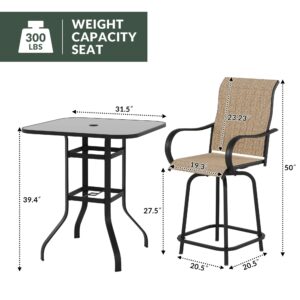 Poteban Outdoor Bar Height Table and Chairs Set for 2, All Weather Patio High Top Bar Set with 2 Bar Chairs and Glass Table for Backyard, Bistro, Lawn, Porch and Pool (Brown)