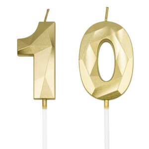 10th birthday candles for cake, gold number 10 3d diamond shaped candle birthday decorations party supplies for girls or boys