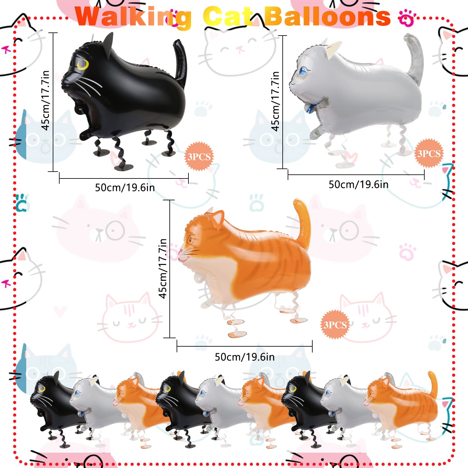 CCOZN 9 Pcs Walking Cat Balloons, Cat Mylar Balloon with 3 Ribbons Walking Animal Balloons Foil Long Balloons for Cat Theme Birthday Party Decorations Walking Cat Balloons Birthday Party Supplies