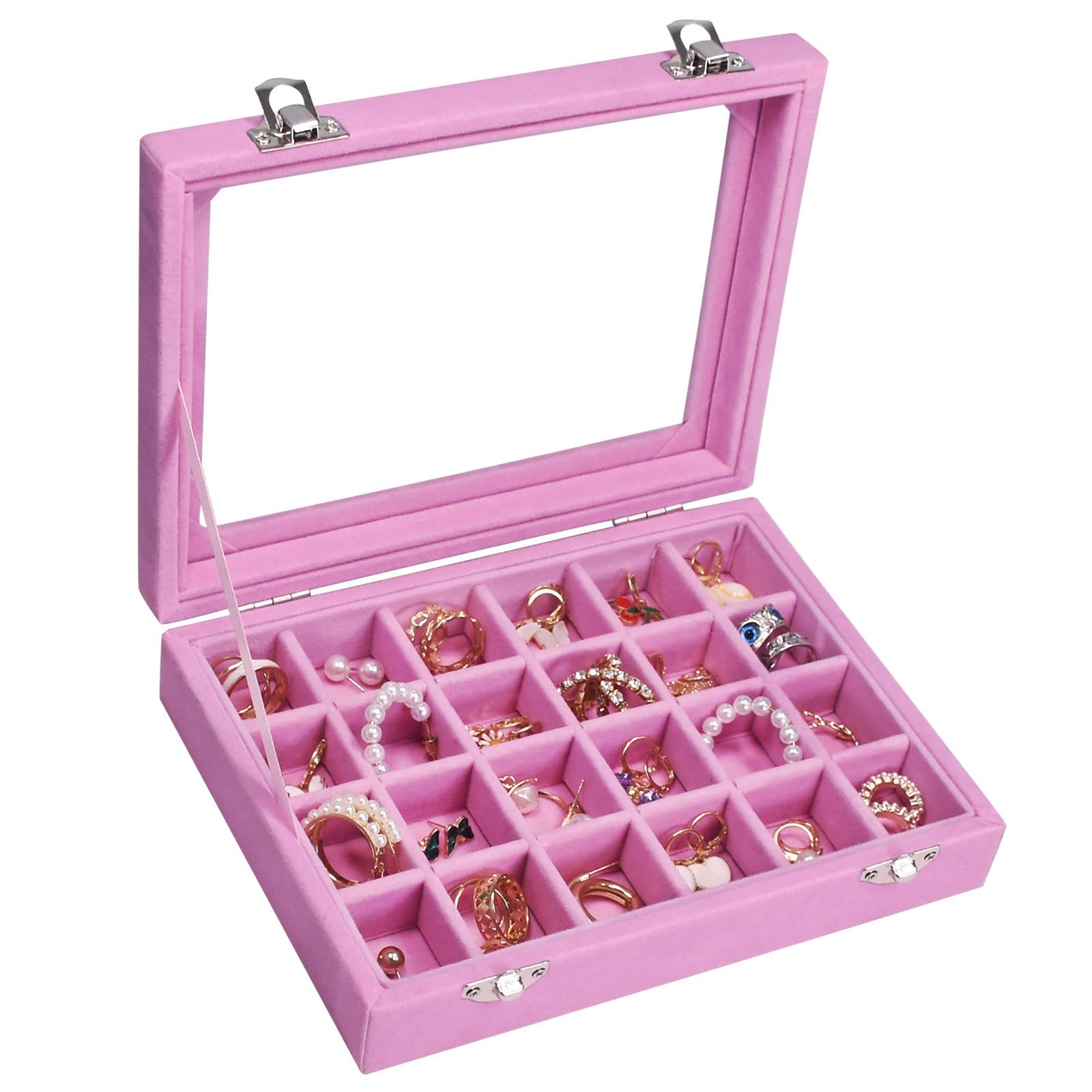 Vicoter Velvet Jewelry Box 24 Grid Jewelry Ring Display Organiser Box Tray Holder Earrings Storage Case for Girls Wife Mom Women (Pink)