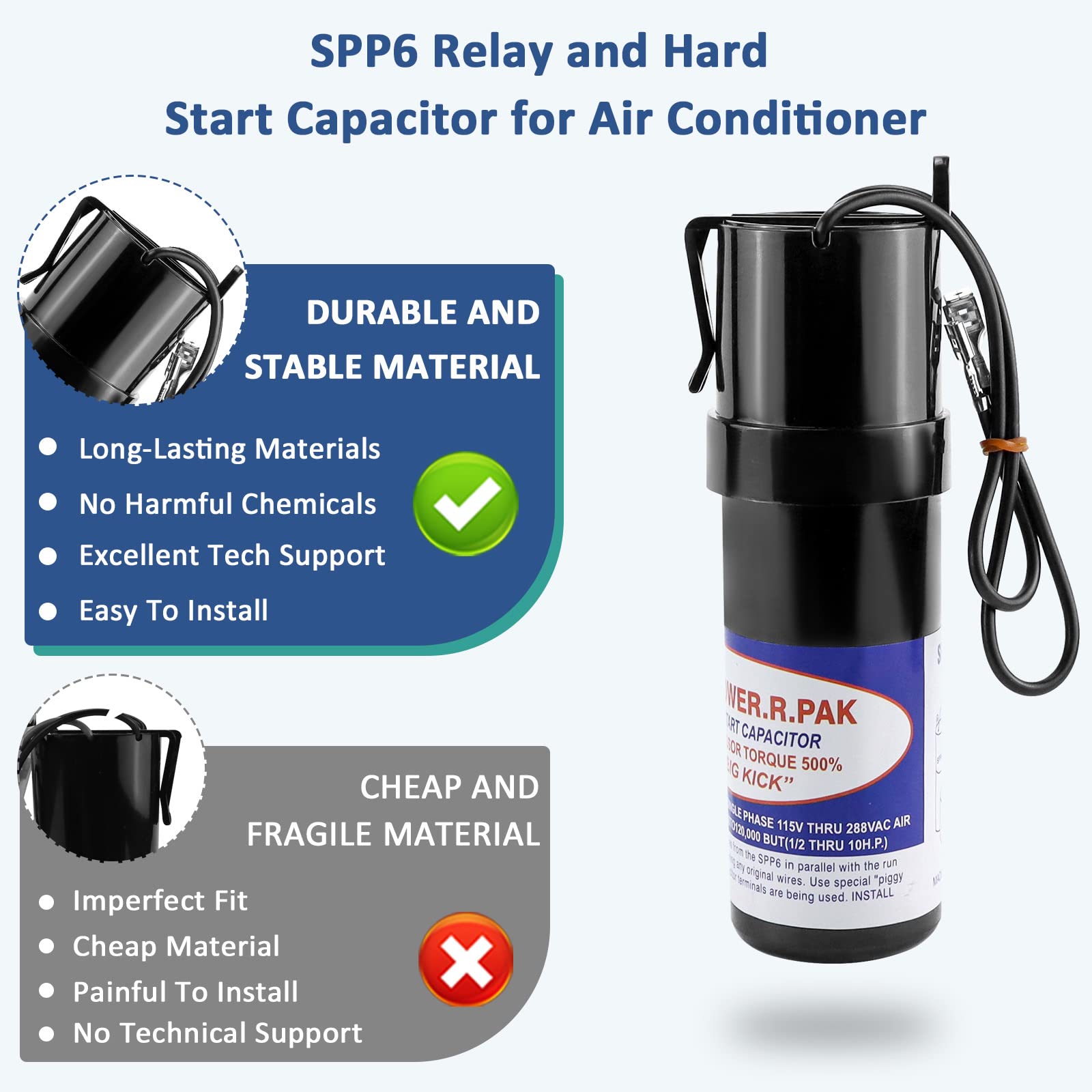 MIFLUS SPP6 Hard Start Kit for Air Conditioner,AC Hard Start Capacitor,Increases Starting Torque 500% from 4,000 BTU Window Units to 120,000 BTU Commercial Units(1/2 Thru 10 H.P.)