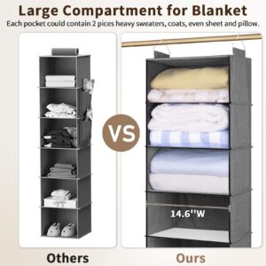 SLEEPING LAMB 6 Shelves Jumbo Hanging Closet Organizer and Storage, Hanging Clothes Organizer for Sweaters, Blankets and Coats in Wardrobe, Bedroom, Living Room, Grey