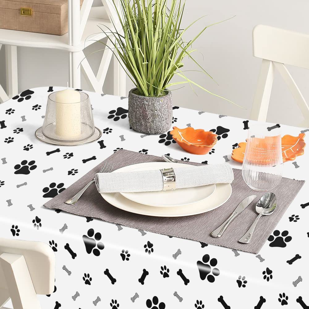 QEYMN Puppy Paw Print Plastic Tablecloth Table Cover, 2 Pack Pupply Paw Print Disposable Rectangle Table Cover for Kids Birthday Party, Puppy Themed Birthday Party Decorations, 54x108 inch