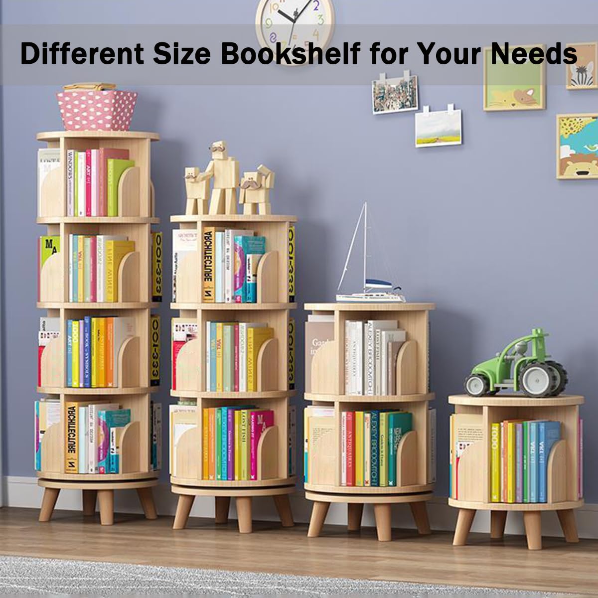 Gdrasuya10 4 Tier Rotating Bookshelf with Legs, Floor Standing Bookshelf Stackable Bookshelf Wood Bookcase Round Bookshelf 360 Display Book Shelf for Living Room Bedroom