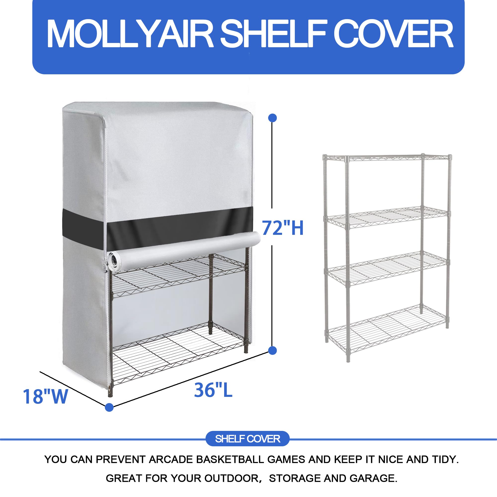 MOLLYAIR Wire Shelf Covers,600D Heavy Duty Waterproof Dustproof Shelving Unit Cover, Rack Covers Suitable for Multiple Scenarios Such as Living Rooms, Kitchens, and More. (Silver Black,36x18x72 Inch)