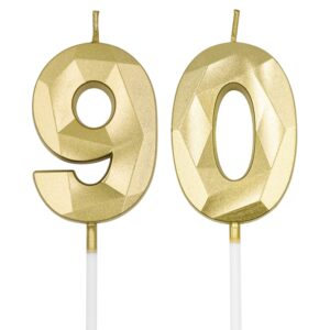 90th birthday candles for cake, gold number 90 3d diamond shaped candle birthday decorations party supplies for women or men