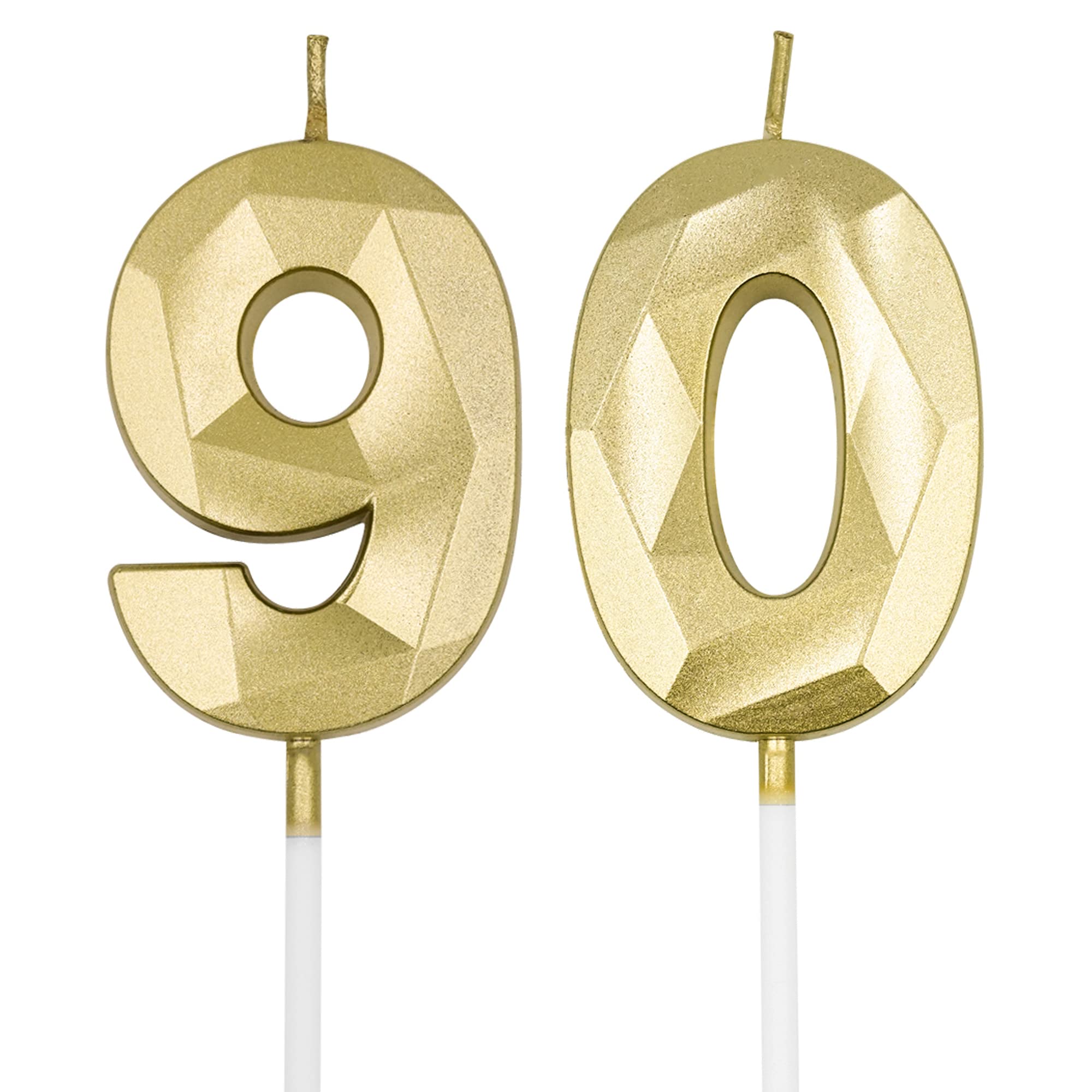 90th Birthday Candles for Cake, Gold Number 90 3D Diamond Shaped Candle Birthday Decorations Party Supplies for Women or Men