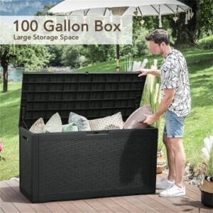 100 Gallon Resin Deck Box for Outdoor, All-Weather Deck Boxes, Extra Seating Benches, Indoor Outdoor Storage Housing Lockable Storage Container Box, 47.83 L x 21.46 W x 24.21 H inches, Black