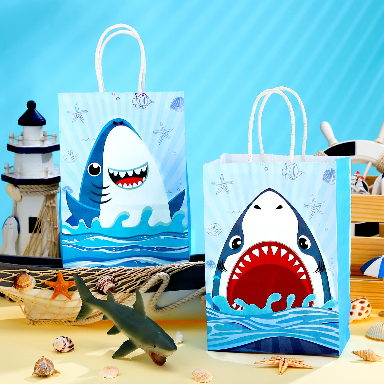 Outus 24 Pcs Shark Party Bags Blue Shark Birthday Party Favor Gift Bags Shark Goodie Candy Bags with Twist Handles Shark Party Supplies for Kids Summer Ocean Sea Baby Shower Decorations