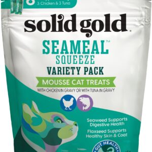 Solid Gold Lickable Cat Treats - SeaMeal Squeeze Squeezable Cat Treats for Indoor Cats Chicken/Tuna Variety Pack - Made with Fiber-rich Seaweed for Digestive Health for Immune Support - 3 oz / 6 Count