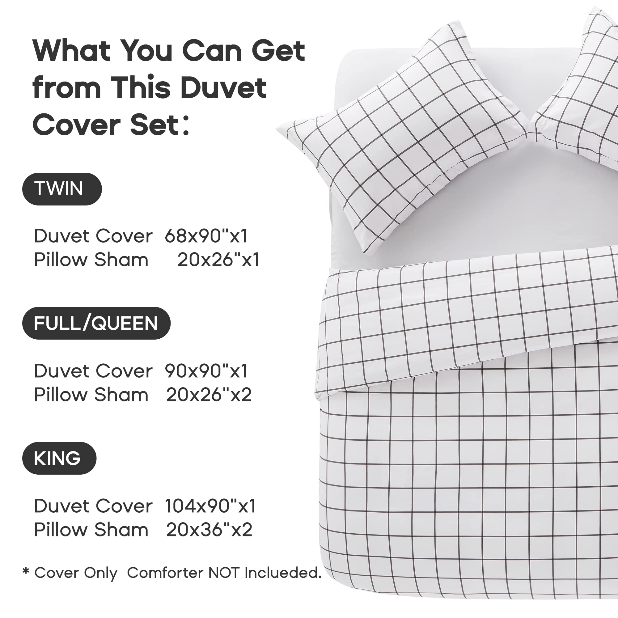 Sonive Full/Queen Printed Duvet Cover Set Full/Queen Microfiber Oeko-Tex Standard 100 Bedding Set, 1 Duvet Cover and 2 Pillowcases, Grey Grid