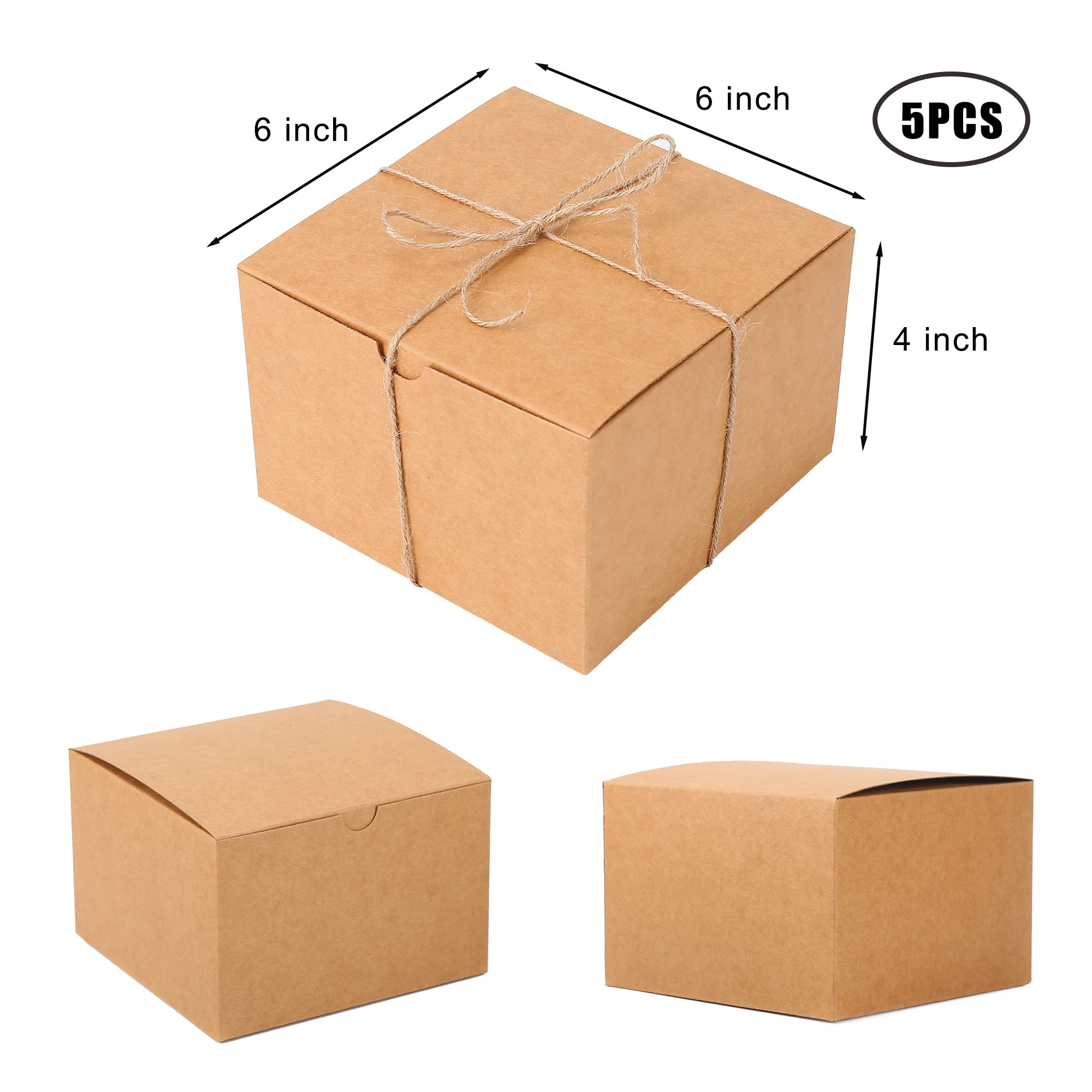 Dekun 5 Pack Premium 6x6x4 Inches Brown Gift Boxes with lid, Easy Assemble Recyclable Bridesmaid Proposal Kraft Boxes Crafting Cupcake Boxes with Lids for Presents/Packaging/Christmas (6x6x4 inches)