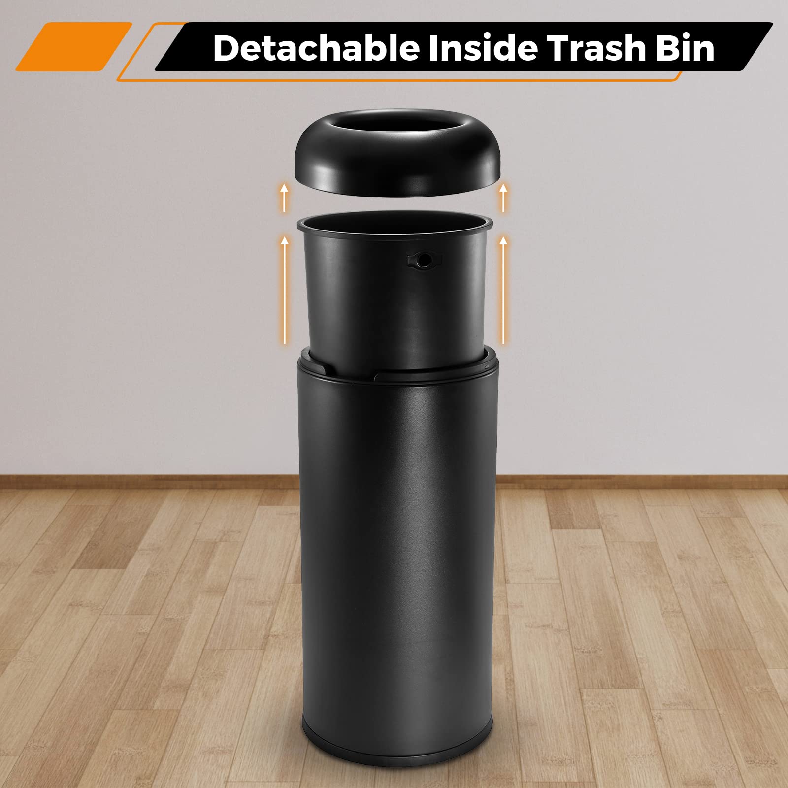 BEAMNOVA Commercial Trash Can,60L Large Capacity Baking Paint Craft Matte Black Stainless Steel Trash Can Outdoo Indoor Garbage Enclosure with Lid Inside Cabinet Industrial Waste Container