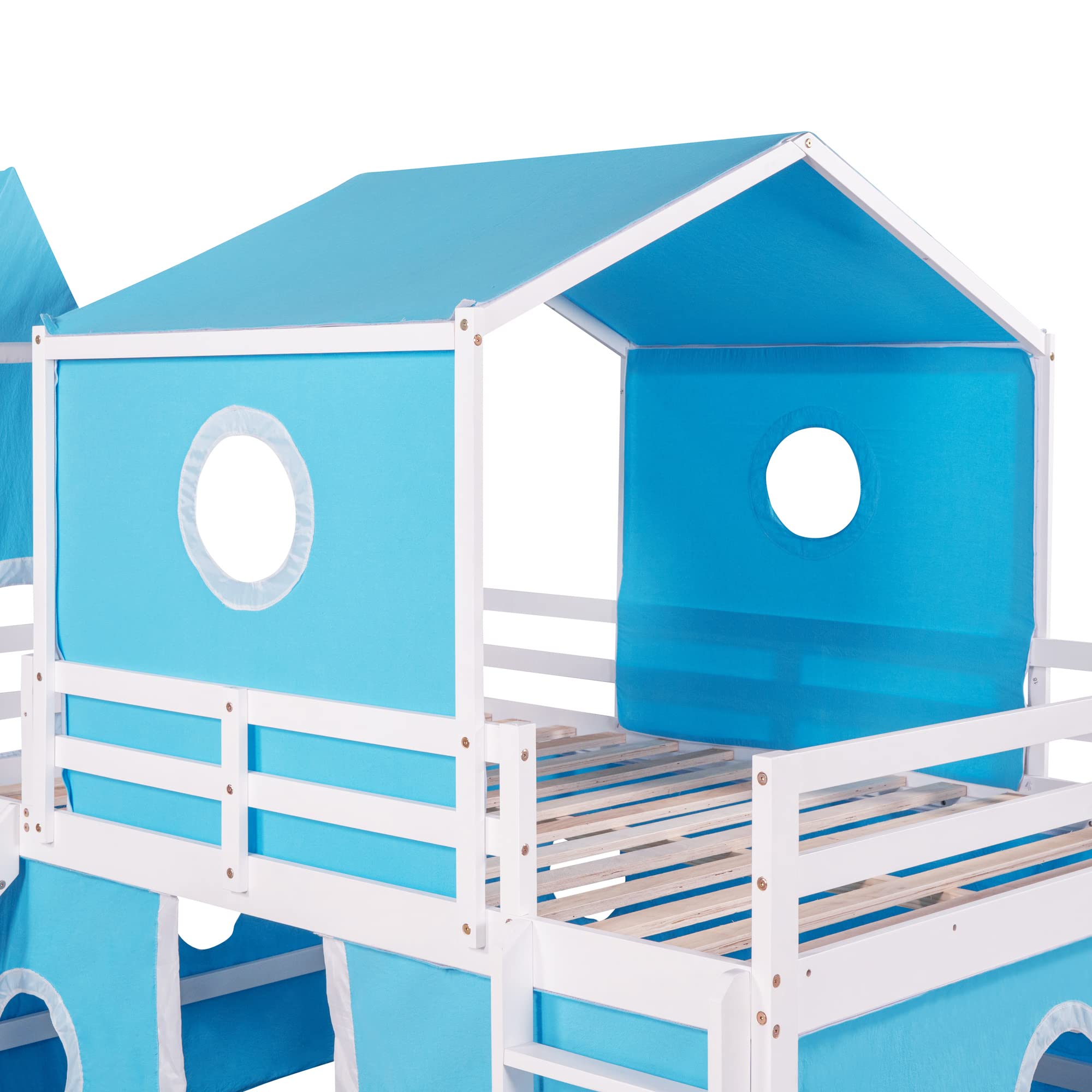 Harper & Bright Designs House Loft Bed with Slide and Tent, Full Size Loft Bed with Small Pinnacle and Ladders, Wood Bunk Bed, Playhouse Bed Frame for Kids, Teens, Boys & Girls (Full Size, Blue)