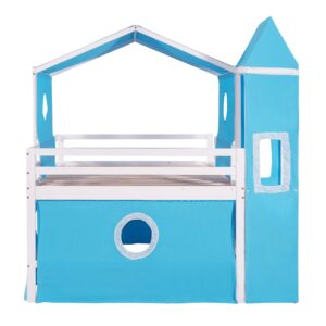 Harper & Bright Designs House Loft Bed with Slide and Tent, Full Size Loft Bed with Small Pinnacle and Ladders, Wood Bunk Bed, Playhouse Bed Frame for Kids, Teens, Boys & Girls (Full Size, Blue)