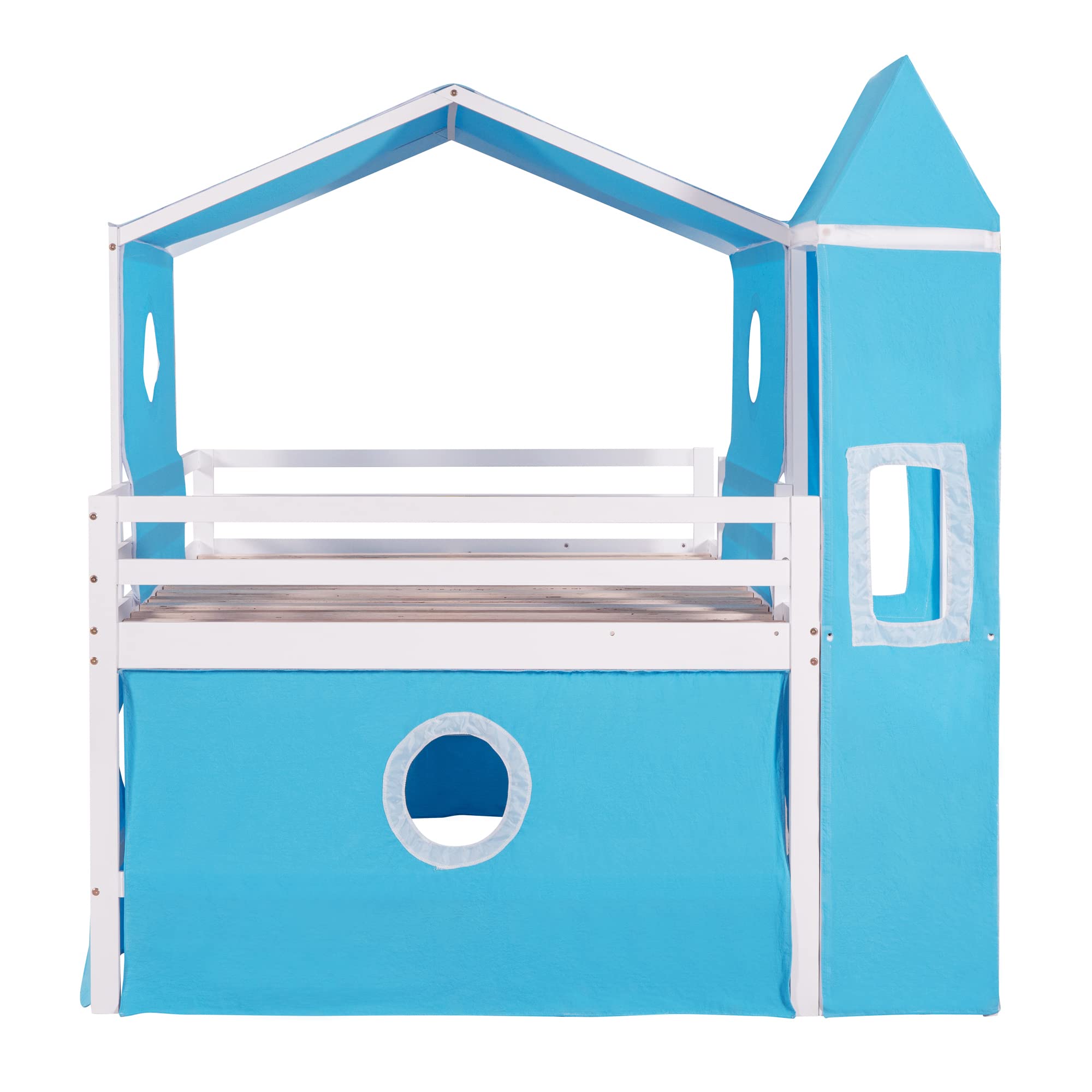 Harper & Bright Designs House Loft Bed with Slide and Tent, Full Size Loft Bed with Small Pinnacle and Ladders, Wood Bunk Bed, Playhouse Bed Frame for Kids, Teens, Boys & Girls (Full Size, Blue)