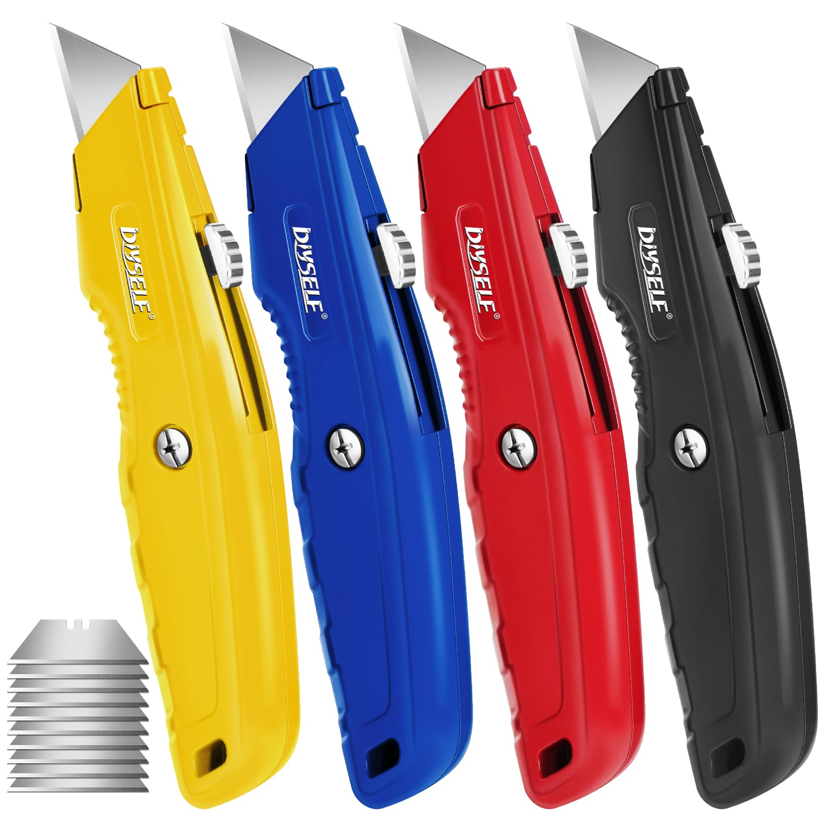 DIYSELF 4 Pack Box Cutters, Utility Knife with 10 Pcs Blades, Box Cutter Heavy Duty for Carpet, Cardboard, Vinyl, and Paper, Sharp Razor Knife, Package Opener, Box Cutter Retractable, Box Cutter Knife